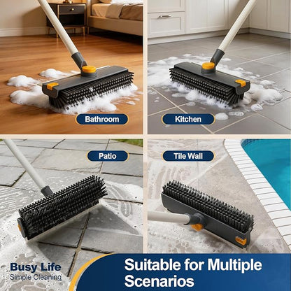 Yocada Floor Scrub Brush with Long Handle 3 in 1 Dual-Sided Stiff Bristle Scrubber Brush and Scrape Squeegee Indoor&Outdoor for Cleaning Bathroom Kitchen Patio Pool Garage Wall Deck 53.9"