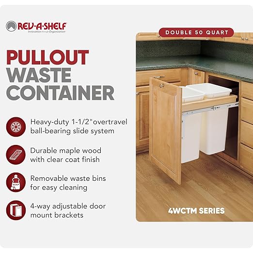 Rev-A-Shelf Top Mount Double Pullout Under Cabinet 50 Quart Kitchen Trash Cans for Full Height Cabinet, 150 Pound Rated Full-Extension Slides, 4WCTM-2150DM-2