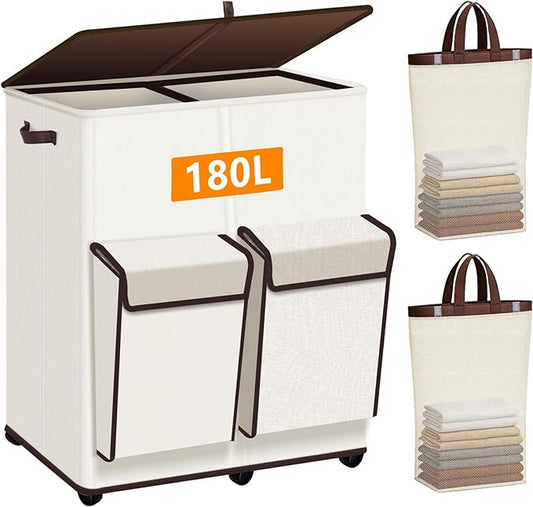 180L Large Dual Laundry Hamper With Lid And Wheels, Big Rolling Laundry Basket 2 Section Dirty Clothes Basket With 2 Side Pockets, Laundry Hanper With 2 Removable Bag For Laundry Room, Bedroom (White)