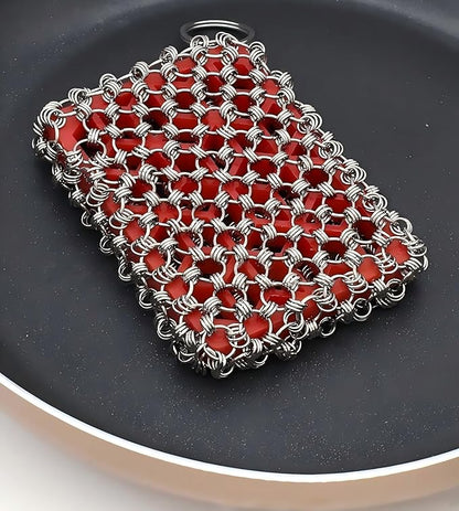 2026 Upgrade 316 Stainless Steel Pan Cleaner,4.5 Inch Triple-Ring Chain Mail Scrubber with Silicone Core, Cast Iron Pot Brush for Easier Removal of Stubborn Oil Stains & Food Residue-Red