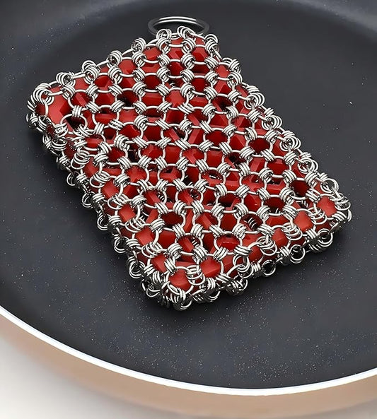 2026 Upgrade 316 Stainless Steel Pan Cleaner,4.5 Inch Triple-Ring Chain Mail Scrubber with Silicone Core, Cast Iron Pot Brush for Easier Removal of Stubborn Oil Stains & Food Residue-Red