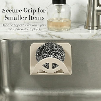 Flexible Sponge Holder for Kitchen Sink Adhesive - Bendable Silicone Sink Caddy 2 Pack, Metal Core Dish Scrubber Rack, Fold-Flat Organizer for Soap Brush Razor, Stone Wall Mount (Creamy White)