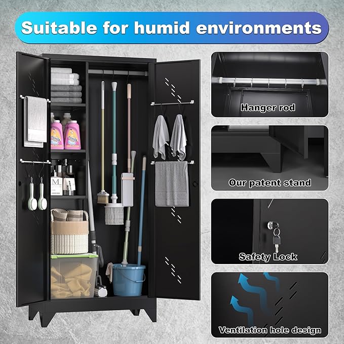 Broom Closet Storage Cabinet, Black Metal Cabinet with Lockable Doors, 75" Tall Garage Storage Cabinets, Outdoor Cleaning Broom Closet Organizer, Steel Tool Cabinet, Kitchen Pantry Cabinets