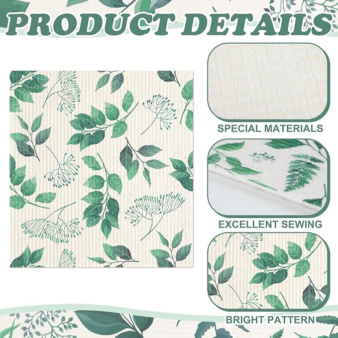 Sunnyray 12 Pcs Swedish Kitchen Dish Towels Dishcloth Reusable Sponge Cleaning Cloth Kitchen Towels Absorbent Washable Dish Cloth Drying Hand Towel(Green, Leaves)