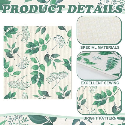 Sunnyray 12 Pcs Swedish Kitchen Dish Towels Dishcloth Reusable Sponge Cleaning Cloth Kitchen Towels Absorbent Washable Dish Cloth Drying Hand Towel(Green, Leaves)