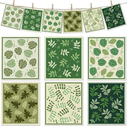 6 Packs Swedish Paper Cloths for Kitchen, Reusable Paper Towels Washable Dish Rags, Highly Absorbent Kitchen Towels Quick Drying Swedish Sponge Cleaning Dish Cloths(Green Plant Leaves)