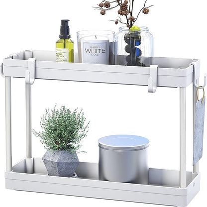 Simple Houseware 2-Tier Under Sink Organizer Storage Tray with Hooks, White