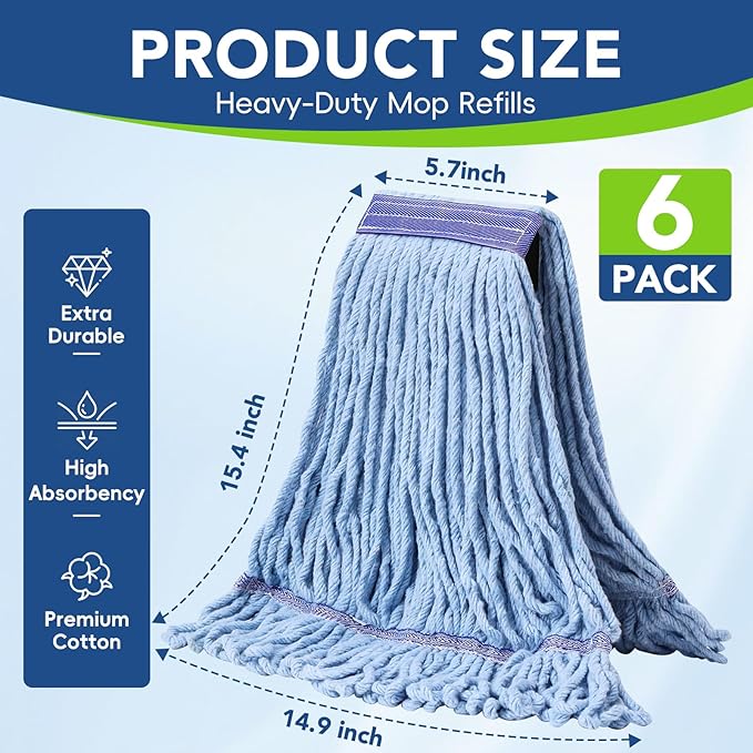 6 Pack Commercial Mop Head Replacement – Heavy Duty Mop Head for General and Floor Cleaning | Industrial Wet Mops | Washable Refill, Reusable, Looped End Mopheads | Hardwood, Concrete