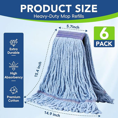 6 Pack Commercial Mop Head Replacement – Heavy Duty Mop Head for General and Floor Cleaning | Industrial Wet Mops | Washable Refill, Reusable, Looped End Mopheads | Hardwood, Concrete
