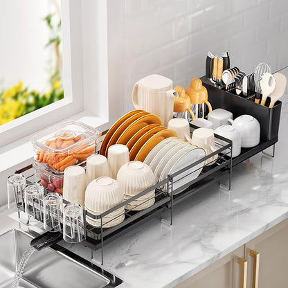 Delamu Stainless Steel Dish Drying Rack, Expandable Dish Drainer, Anti-Rust Large Dish Racks for Kitchen Counter, Dish Strainers with Drainboard, Utensil & Cup Holder, 13.4"-28.7" L x 11.8" W, Black