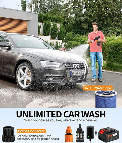 PoolLeader Cordless Car Cleaning Tool, Portable Vehicle Cleaner with 6-in-1 Nozzle, 16.5FT Drain Hose & Foam Cannon, Battery Powered Handheld Wash Machine for Car, Garden, Patio, Home