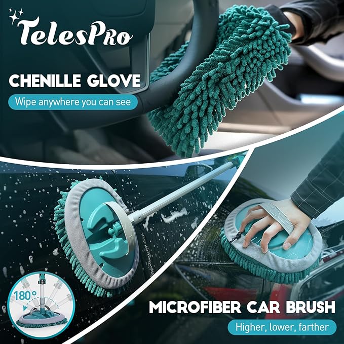 TelesPro 12FT Car Wash Brush with Long Handle, Car Cleaning Kit with Soft Wash Brush, Tire Brush, Window Squeegee, Microfiber Cleaning Head, Mitt, for House Siding, Auto Cars, Trucks, SUV, RV, Floors