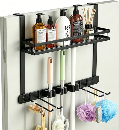 Broom Holder Door Mount,Door Mounted Broom and Mop Holder with Dual Tool Hooks, Three Slots, and One Tool Storage Basket For Laundry Room, Garage, Closet, warehouse, Kitchen Decor (black)