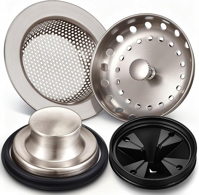 4 Pcs Brushed Silver Kitchen Sink Accessories Garbage Disposal Splash Guards 3.4'' Sink Drain Strainer and Stopper Stainless Steel Garbage Disposal Plug for Kitchen Drain Strainer