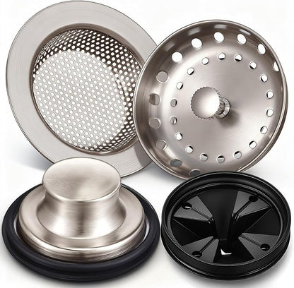4 Pcs Brushed Silver Kitchen Sink Accessories Garbage Disposal Splash Guards 3.4'' Sink Drain Strainer and Stopper Stainless Steel Garbage Disposal Plug for Kitchen Drain Strainer