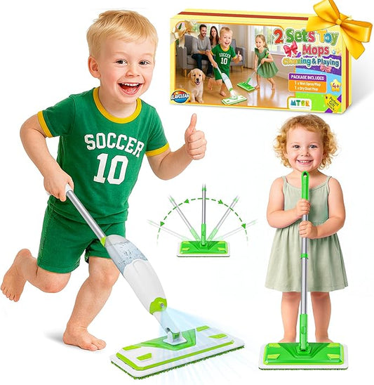 2-Set Toy Mop for Kids - Toddler Real Spray Flat Floor Mop Montessori Cleaning Toy Set, Educational and Fun Gifts for Boys and Girls Ages 4+