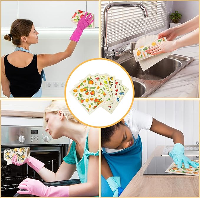 Patelai 6 Pcs Mixed Fruit Swedish Kitchen Dishcloths Reusable Dish Towels Absorbent and Quickly Dry Cleaning Cloths for Kitchen Lemon Orange Strawberry Blueberry Cherry Avocado Cleaning Wipes