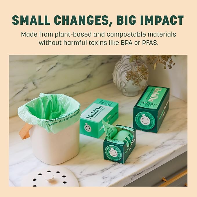 HoldOn Household Staples Set – Heavy duty, PFOA-Free, Compostable 13-Gallon Tall Kitchen Trash Bags, 4-Gallon Small Trash Bags, Gallon ZipSeal Bags and ZipSeal Sandwich Bags