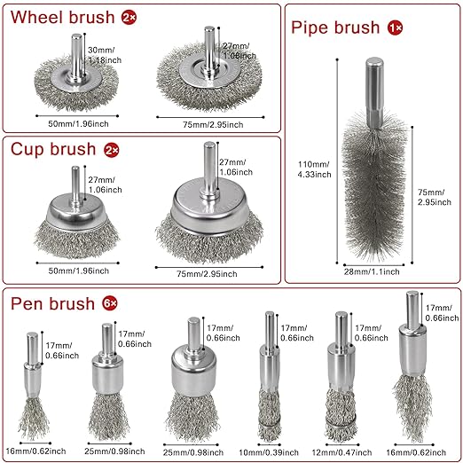 11 Pcs Metal Carbon Steel Wire Wheel for Drill Set,Wool Brush Drill Attachment for Removing Paint and Rust with 1/4" Round Shank
