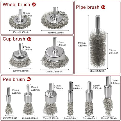 11 Pcs Metal Carbon Steel Wire Wheel for Drill Set,Wool Brush Drill Attachment for Removing Paint and Rust with 1/4" Round Shank