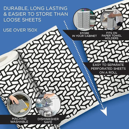 LOLA Swedish Dishcloths XL on a Roll, 30 Sheets, Geometric Pattern, Perforated 11" x 10" Sheets w/Hook, Reusable Absorbent Unpaper Towels Cellulose Sponge Cloth Biodegradable Made in Germany