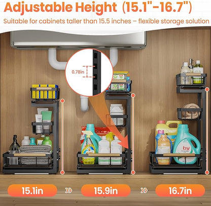 Under Sink Organizer and Storage for Bathroom and Kitchen - 1 Pack 3 Tier Under Cabinet Pull Out Shelf Organizers - Slide Out Drawer Organization for Home Cabinets Shelves and Drawers