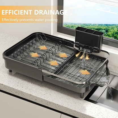 Expandable Dish Drying Rack，Dish Rack for Kitchen Counter-Dish Drainer with Efficient Drainage, Drainboard Set, and Utensil Holder, Over the Sink Dish Drainer Drying Rack
