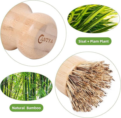 6 Packs Bamboo Dish Brush - Hard Bristle, Eco Friendly Dish Scrubber Union Fiber and Tampico Fiber Bamboo Wok Brush for Washing Cast Iron Pan/Pot