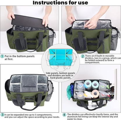 Wearable Cleaning Caddy Bag, Cleaning Organizer with Handles, Cleaning Supply Tote with Adjustable Shoulder Strap for Cleaners & Housekeeper (Green, 13.4'' x 7.3'' x 9.3'')