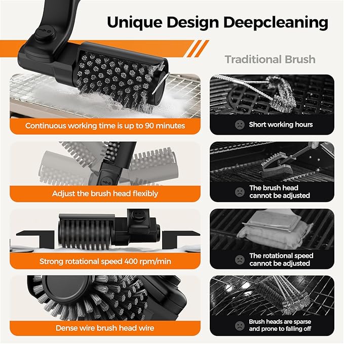 YKYI Electric Grill Brush - Cordless BBQ Brush with 180° Adjustable Head, Rechargeable Grill Brush for Outdoor Grill, IPX7 Waterproof Grill Cleaning Scrubber for Gas, Charcoal Pellet Grills (Black)