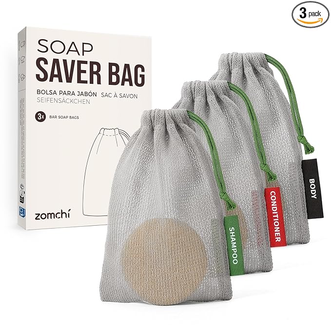 ZOMCHI Mesh Soap Saver Bags, Soap Holder Pouch for Shower, Body & Shampoo Bars, Travel Pouch Bag with Hanging Loop (3 Pack, Gray)