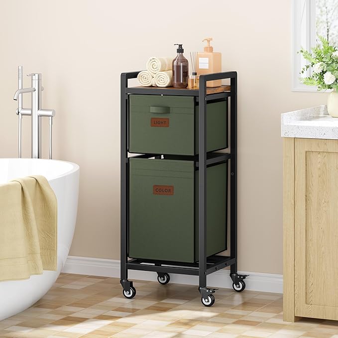 FAVOOSTY Laundry Hamper with Shelf, 70L Laundry Basket Organizer, 2 Section Laundry Sorter for Laundry Room Organization (Green)