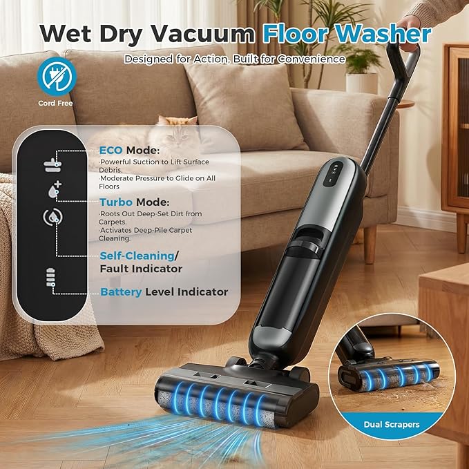Wet Dry Vacuum Cleaner, Cordless Floor Washer, Vacuum and Mop All in One with Auto Self-Cleaning, Dual Water Tank & Tangle-Free Brush Design, Dual-Edge Cleaning, Up to 35-Minute Runtime