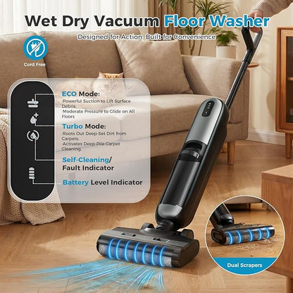 Wet Dry Vacuum Cleaner, Cordless Floor Washer, Vacuum and Mop All in One with Auto Self-Cleaning, Dual Water Tank & Tangle-Free Brush Design, Dual-Edge Cleaning, Up to 35-Minute Runtime