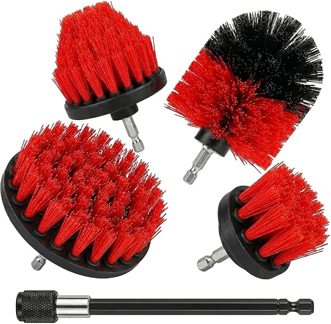 Drill Brush Attachment Set, 5 Pack Power Scrubber Cleaning Brush Kit with Extension Rod for Bathroom, Tub, Tile, Grout, Kitchen, Floor and Wheel Rims (Red)