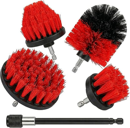 Drill Brush Attachment Set, 5 Pack Power Scrubber Cleaning Brush Kit with Extension Rod for Bathroom, Tub, Tile, Grout, Kitchen, Floor and Wheel Rims (Red)
