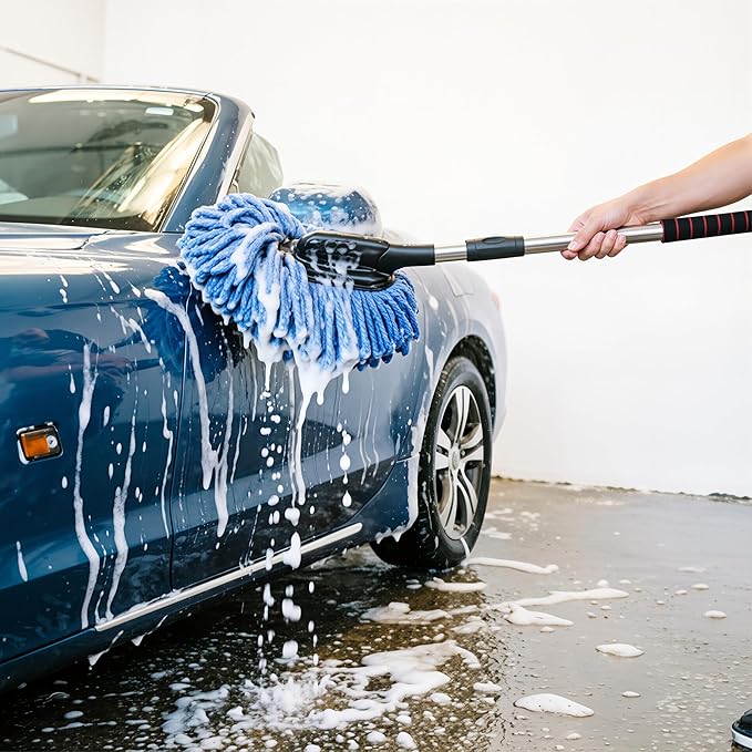 35" Car Wash Mop with Long Handle - Lightweight Microfiber Chenille Car Cleaning Brush - Telescopic & Detachable Car Wash Brush with Washable Head, Scratch-Free Cleaning Tool for Car, SUV, RV, Truck
