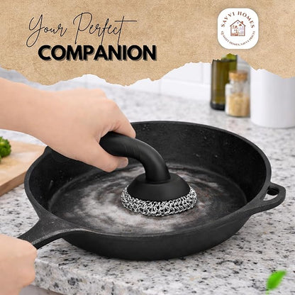 Savvi Home's Cast Iron Scrubber with Pan Scraper, 316L Chainmail Scrubber, Long Handle Cast Iron Cleaner for Dishes, Pans, Grills, Upgraded Chain Mail Scrubber for Grill Pan Skillet Wok Carbon Steel