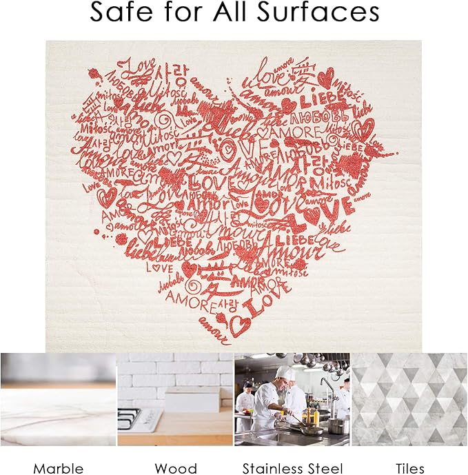 Swedish Dishcloths 2-Pack - Super Absorbent Reusable Cellulose Sponge Cloths, Eco-Friendly Kitchen Cleaning Towels, Machine Washable, Classic Red Heart, 7.87"x6.88"