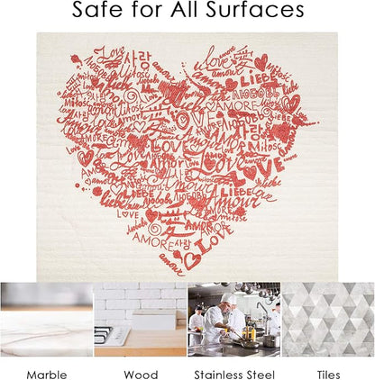 Swedish Dishcloths 2-Pack - Super Absorbent Reusable Cellulose Sponge Cloths, Eco-Friendly Kitchen Cleaning Towels, Machine Washable, Classic Red Heart, 7.87"x6.88"