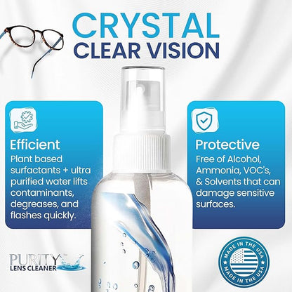 Purity Eyeglass Lens Cleaner Spray Kit - 3 x 8oz Lens Cleaner Spray Bottle + 2 Microfiber Cloth for Cleaning - Safe for All Lenses (AR Coated Included), Eyeglasses and Screens