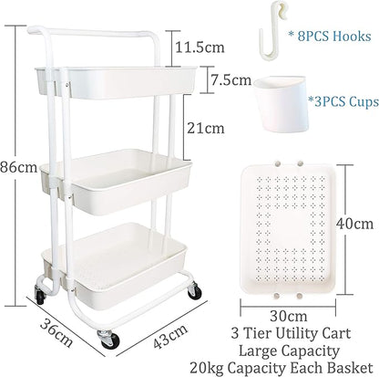 3 Tier Utility Rolling Cart Multifunction Organizer Shelf Storage Cart with 3 Pieces Cups and 8 Pieces Hooks for Home Kitchen Bathroom Laundry Room Office Store etc. (White)