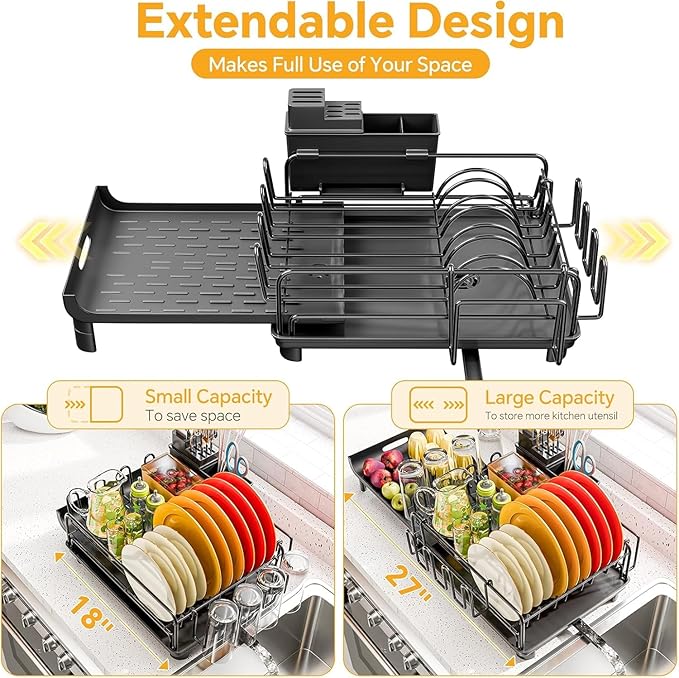 Simple Trending Extendable Dish Drying Rack, Multifunctional Dish Drainers for Kitchen Counter, Dish Strainer with Cutlery & Cup & Utensil Holder, Black
