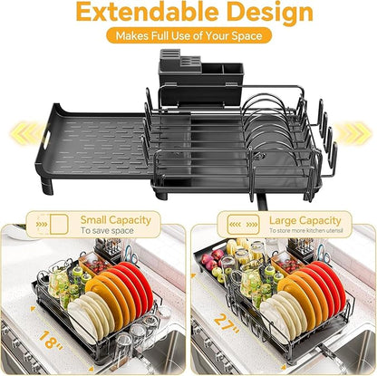 Simple Trending Extendable Dish Drying Rack, Multifunctional Dish Drainers for Kitchen Counter, Dish Strainer with Cutlery & Cup & Utensil Holder, Black
