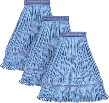 Matthew Cleaning Heavy Duty Mop Head Commercial Replacement for General and Floor Cleaning , Wet Industrial Blue Cotton Looped End String Head Refill (Pack of 3) Blue
