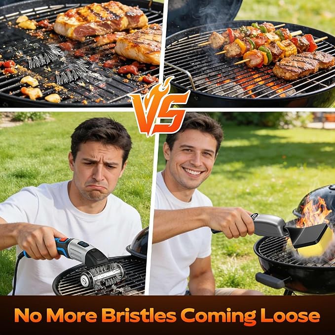 Reciprocating Electric Grill Brush, Fire-Resistant BBQ Grill Brush, Bristle-Free Grill Brush for Outdoor Grill, Grill Cleaner with 3 Heads, Cordless Grill Cleaning Brush with 3600 mAn, Silver