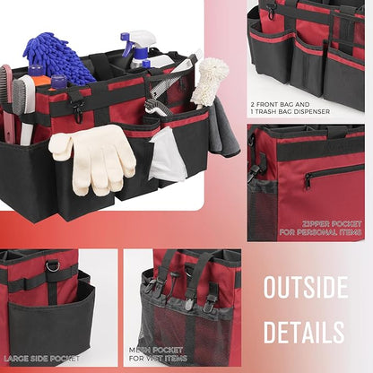 SCAVATA Wearable Cleaning Caddy, Cleaning Caddy Supplies Organizer with Handle & Shoulder Straps for Housekeepers, Under Sink & Car Cleaning Tool Organizers Bag with 4 Foldable Divider (Wine)