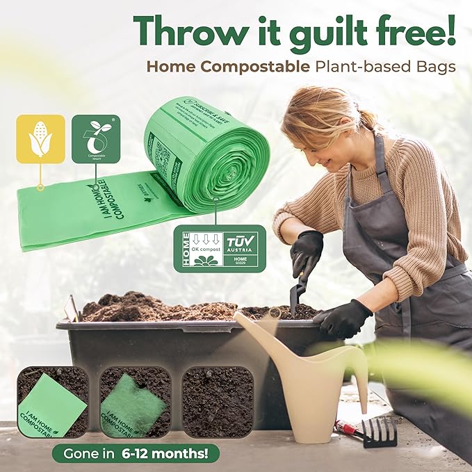 AIRNEX Small Compost Bags 1.6 Gal - 100 Compostable Kitchen Trash Bags for Countertop Bin - Cornstarch Leakproof & Tear-Resistant - OK Compost Home & Seedling Certified 0.18 mm Kitchen Garbage Bags
