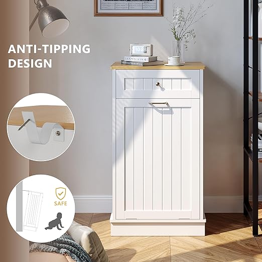 LOUVIXA Tilt Out Trash Can Cabinet, Hidden Trash Cabinet with Drawer, Wooden Dog Proof Trash Can Holder, Tilt Out Laundry Hamper, Garbage Can Holder (White)