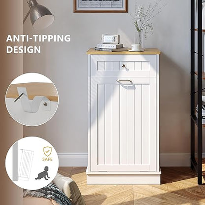 LOUVIXA Tilt Out Trash Can Cabinet, Hidden Trash Cabinet with Drawer, Wooden Dog Proof Trash Can Holder, Tilt Out Laundry Hamper, Garbage Can Holder (White)